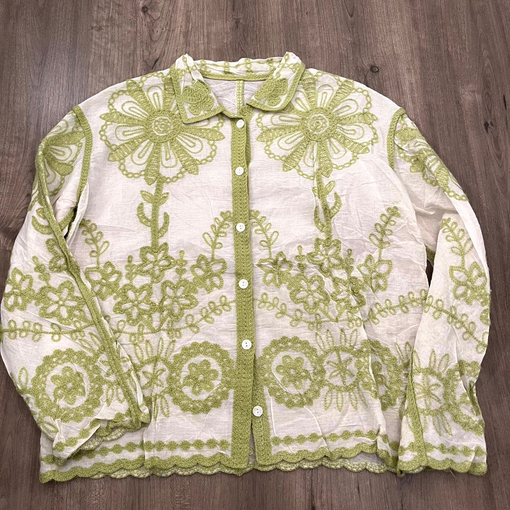 Unbranded Button Up Shirt White Green Floral Crochet Embroidered Women Large